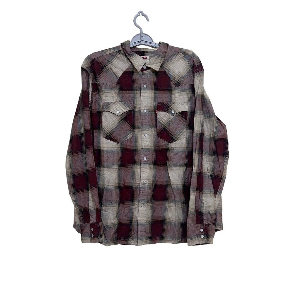 Levi's Men's Plaid Western Snap Button‎ Long Sleeve Shirt XL Burgundy Tan